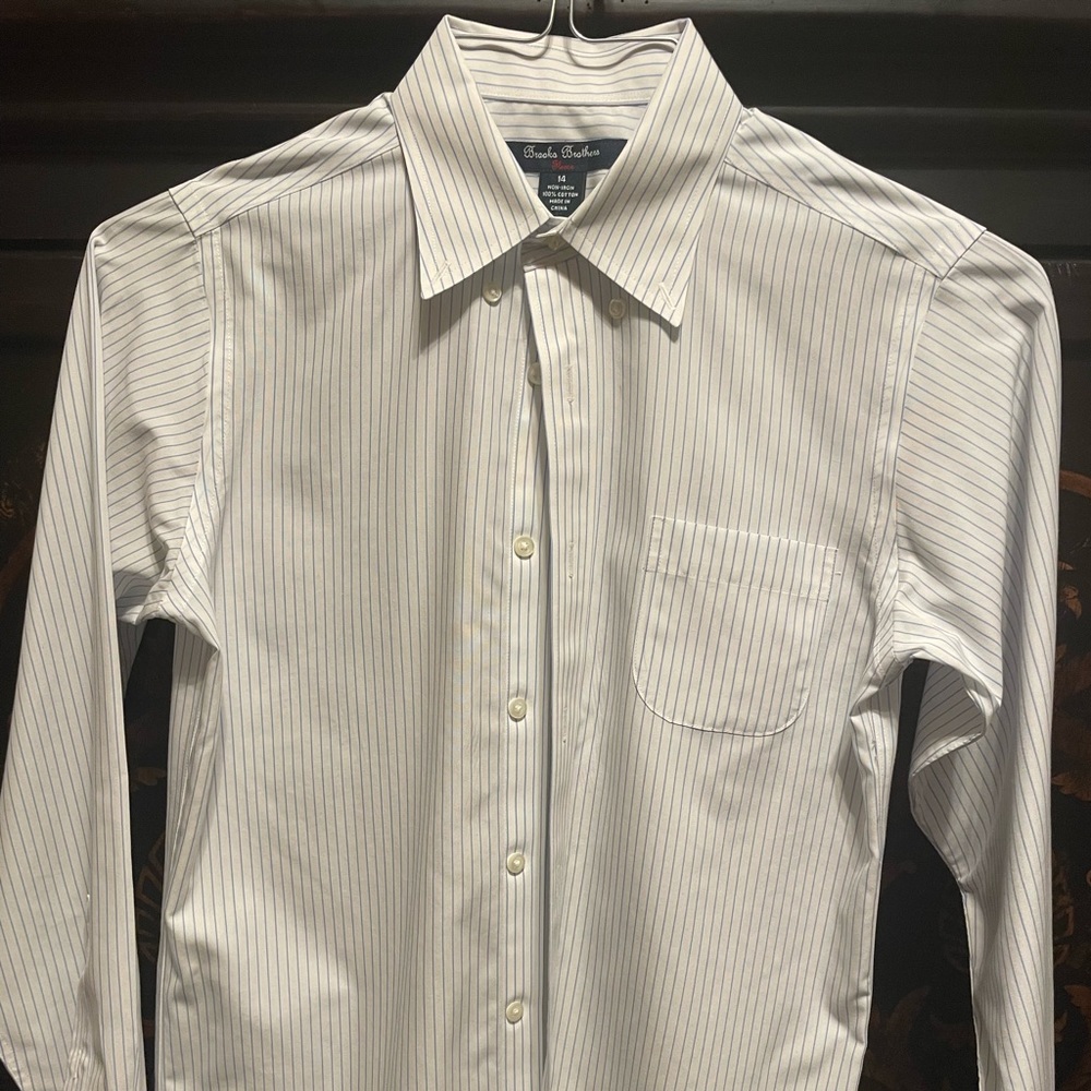 Brooks Brothers Size 14 Button Up Long Sleeve White w/ Blue Pin Stripe